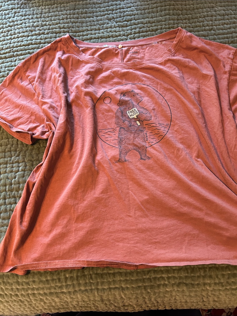 Prana Coral Short Sleeve Tee with Bear "Free Hugs" Graphic